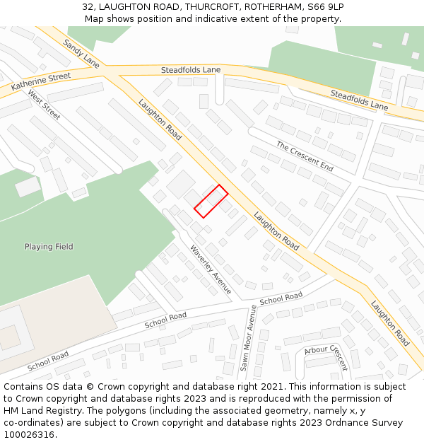 32, LAUGHTON ROAD, THURCROFT, ROTHERHAM, S66 9LP: Location map and indicative extent of plot