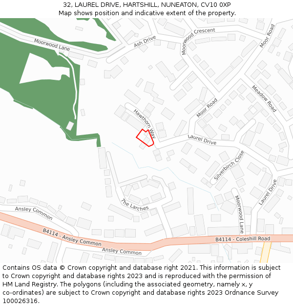 32, LAUREL DRIVE, HARTSHILL, NUNEATON, CV10 0XP: Location map and indicative extent of plot