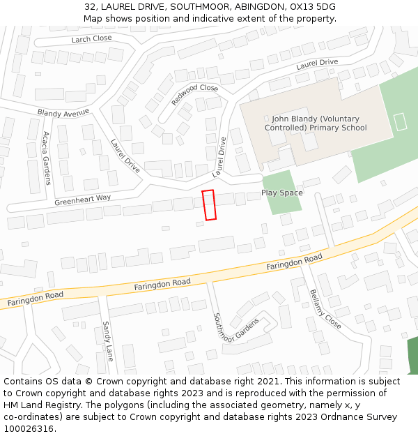 32, LAUREL DRIVE, SOUTHMOOR, ABINGDON, OX13 5DG: Location map and indicative extent of plot