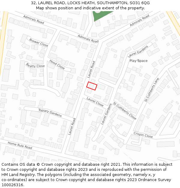 32, LAUREL ROAD, LOCKS HEATH, SOUTHAMPTON, SO31 6QG: Location map and indicative extent of plot