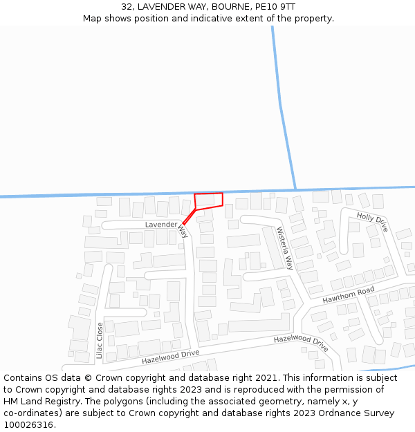 32, LAVENDER WAY, BOURNE, PE10 9TT: Location map and indicative extent of plot