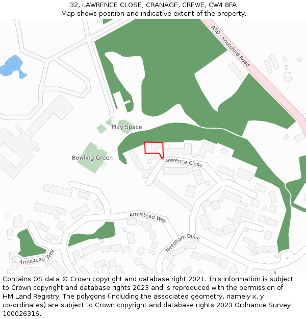32, LAWRENCE CLOSE, CRANAGE, CREWE, CW4 8FA: Location map and indicative extent of plot