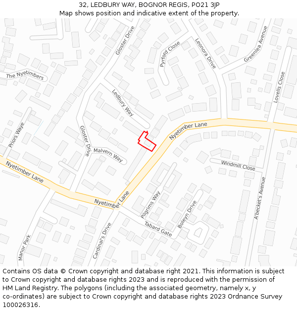 32, LEDBURY WAY, BOGNOR REGIS, PO21 3JP: Location map and indicative extent of plot