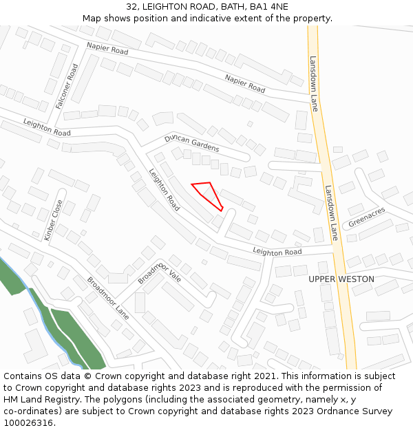 32, LEIGHTON ROAD, BATH, BA1 4NE: Location map and indicative extent of plot