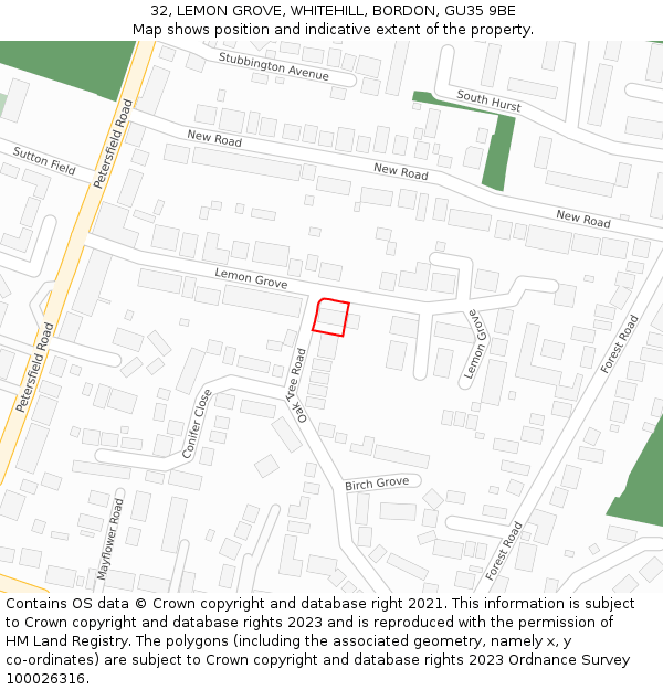 32, LEMON GROVE, WHITEHILL, BORDON, GU35 9BE: Location map and indicative extent of plot