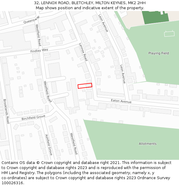 32, LENNOX ROAD, BLETCHLEY, MILTON KEYNES, MK2 2HH: Location map and indicative extent of plot