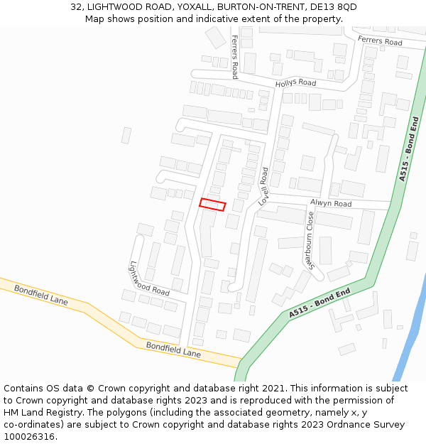 32, LIGHTWOOD ROAD, YOXALL, BURTON-ON-TRENT, DE13 8QD: Location map and indicative extent of plot