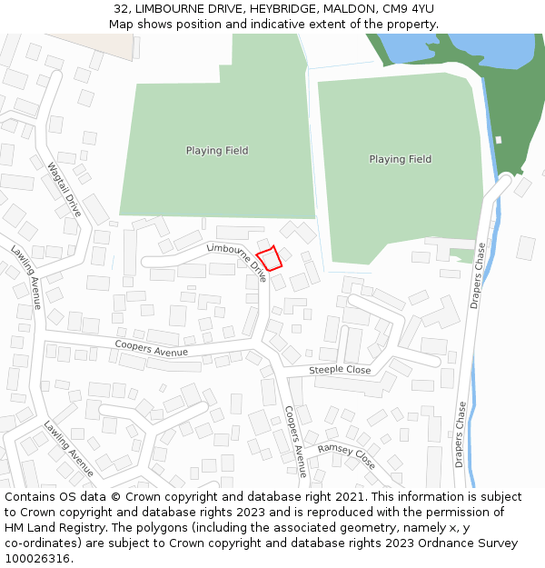 32, LIMBOURNE DRIVE, HEYBRIDGE, MALDON, CM9 4YU: Location map and indicative extent of plot