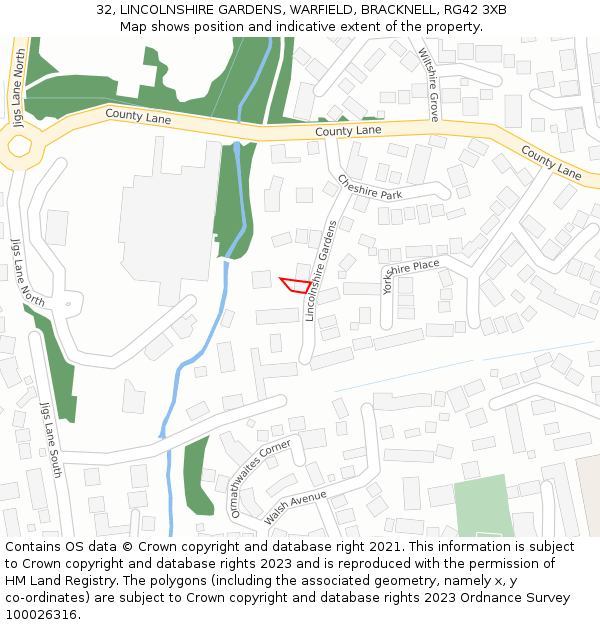 32, LINCOLNSHIRE GARDENS, WARFIELD, BRACKNELL, RG42 3XB: Location map and indicative extent of plot