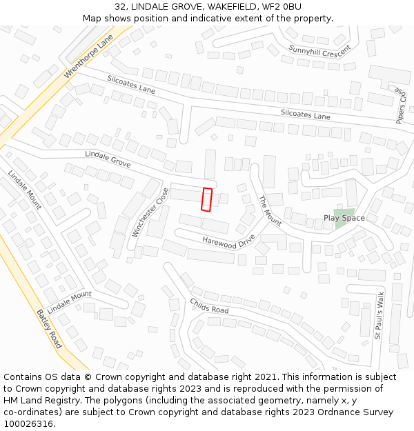 32, LINDALE GROVE, WAKEFIELD, WF2 0BU: Location map and indicative extent of plot