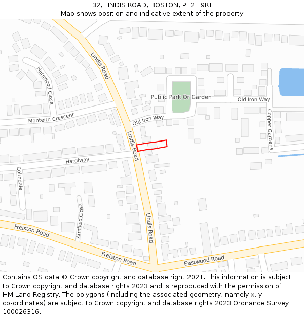 32, LINDIS ROAD, BOSTON, PE21 9RT: Location map and indicative extent of plot