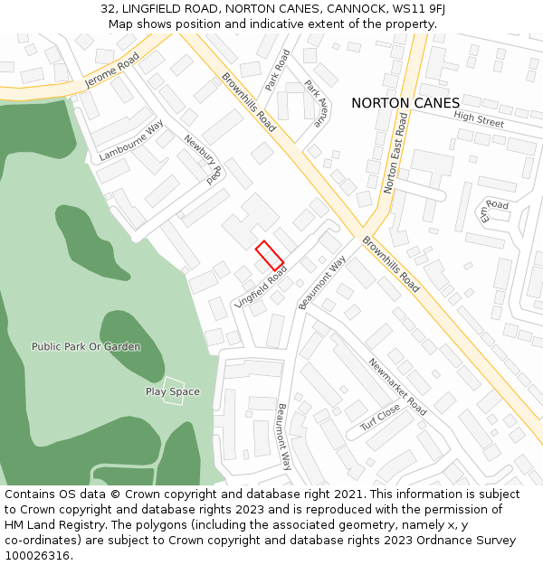 32, LINGFIELD ROAD, NORTON CANES, CANNOCK, WS11 9FJ: Location map and indicative extent of plot