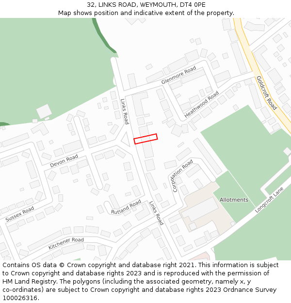 32, LINKS ROAD, WEYMOUTH, DT4 0PE: Location map and indicative extent of plot