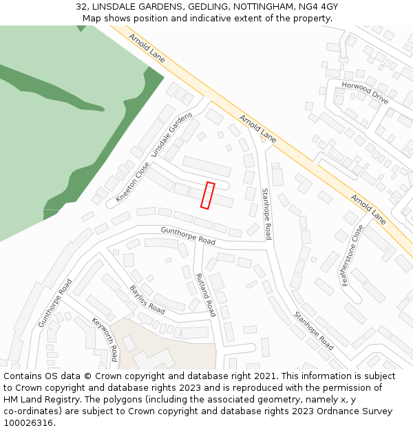 32, LINSDALE GARDENS, GEDLING, NOTTINGHAM, NG4 4GY: Location map and indicative extent of plot