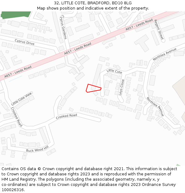32, LITTLE COTE, BRADFORD, BD10 8LG: Location map and indicative extent of plot