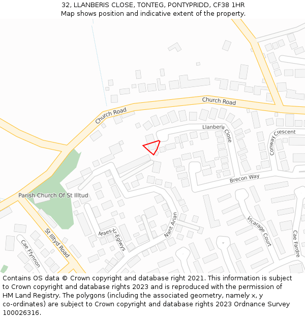 32, LLANBERIS CLOSE, TONTEG, PONTYPRIDD, CF38 1HR: Location map and indicative extent of plot