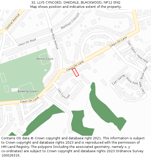 32, LLYS CYNCOED, OAKDALE, BLACKWOOD, NP12 0NQ: Location map and indicative extent of plot