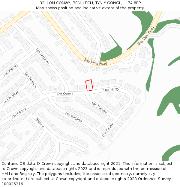 32, LON CONWY, BENLLECH, TYN-Y-GONGL, LL74 8RP: Location map and indicative extent of plot