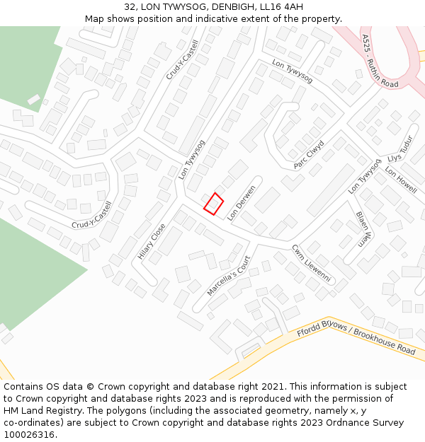 32, LON TYWYSOG, DENBIGH, LL16 4AH: Location map and indicative extent of plot