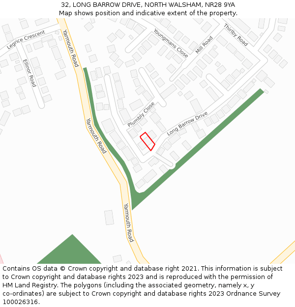 32, LONG BARROW DRIVE, NORTH WALSHAM, NR28 9YA: Location map and indicative extent of plot