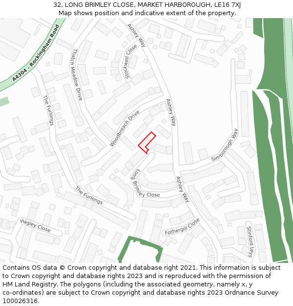 32, LONG BRIMLEY CLOSE, MARKET HARBOROUGH, LE16 7XJ: Location map and indicative extent of plot