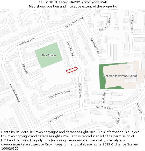 32, LONG FURROW, HAXBY, YORK, YO32 2WF: Location map and indicative extent of plot