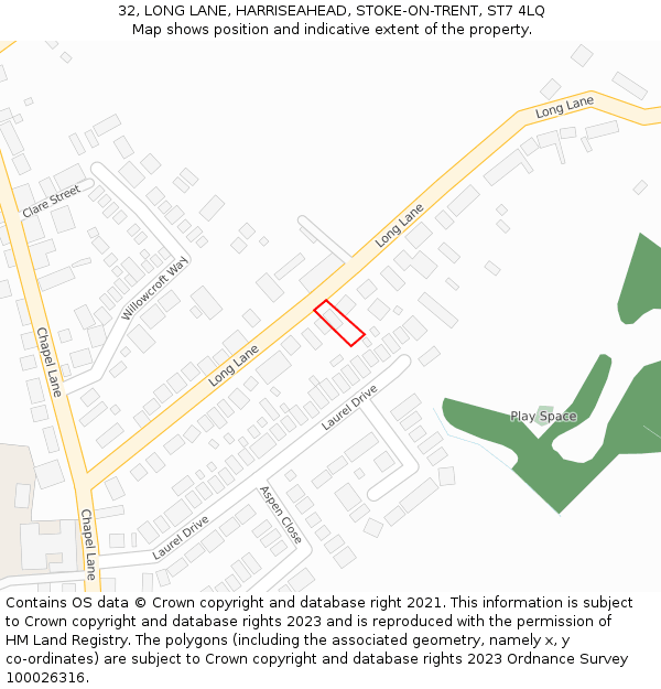 32, LONG LANE, HARRISEAHEAD, STOKE-ON-TRENT, ST7 4LQ: Location map and indicative extent of plot