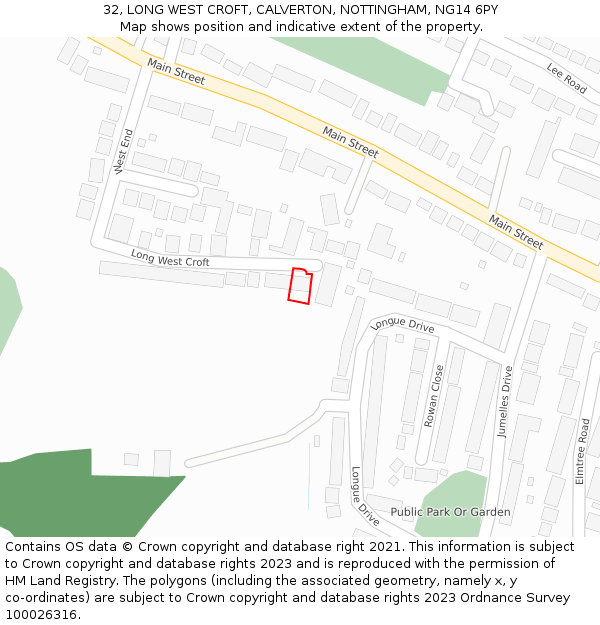 32, LONG WEST CROFT, CALVERTON, NOTTINGHAM, NG14 6PY: Location map and indicative extent of plot