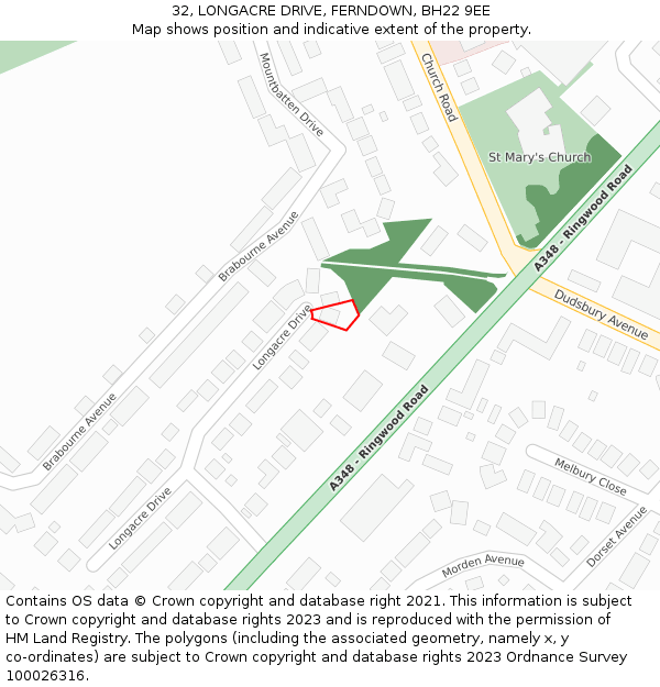 32, LONGACRE DRIVE, FERNDOWN, BH22 9EE: Location map and indicative extent of plot