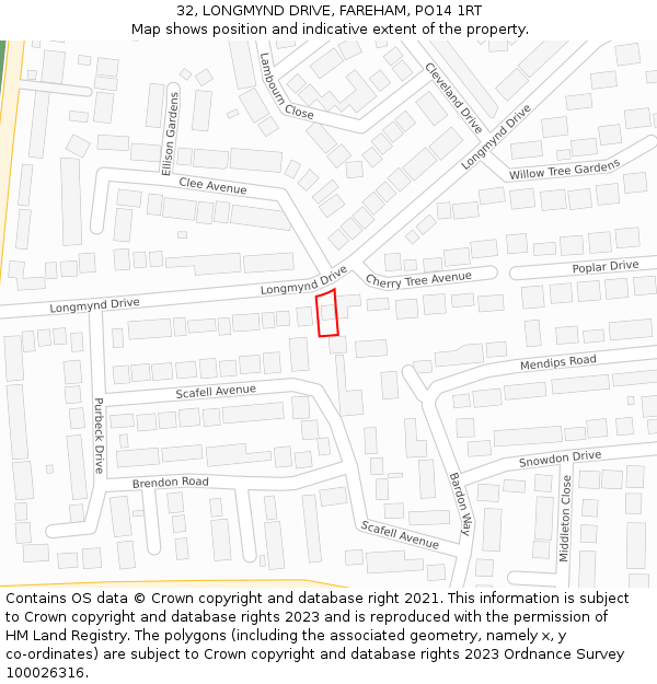 32, LONGMYND DRIVE, FAREHAM, PO14 1RT: Location map and indicative extent of plot