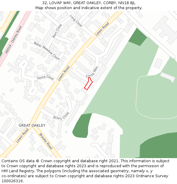 32, LOVAP WAY, GREAT OAKLEY, CORBY, NN18 8JL: Location map and indicative extent of plot