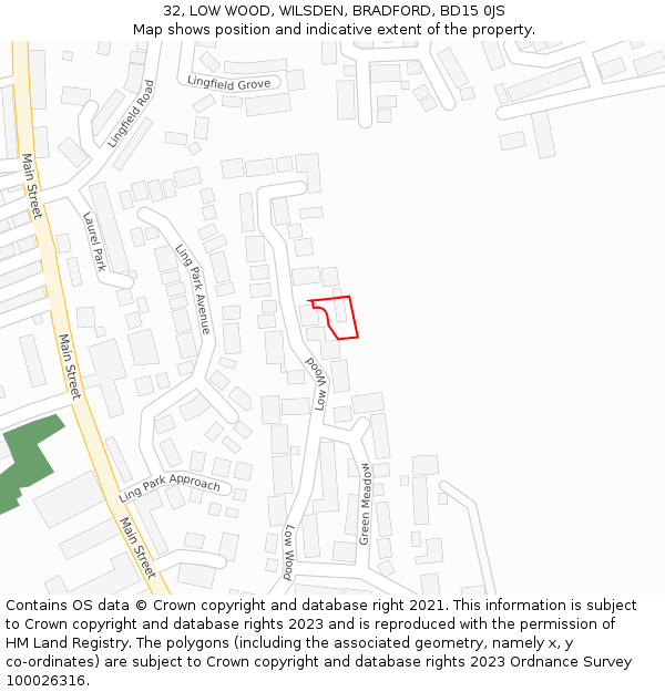 32, LOW WOOD, WILSDEN, BRADFORD, BD15 0JS: Location map and indicative extent of plot