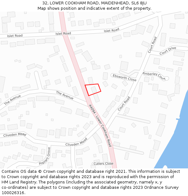 32, LOWER COOKHAM ROAD, MAIDENHEAD, SL6 8JU: Location map and indicative extent of plot