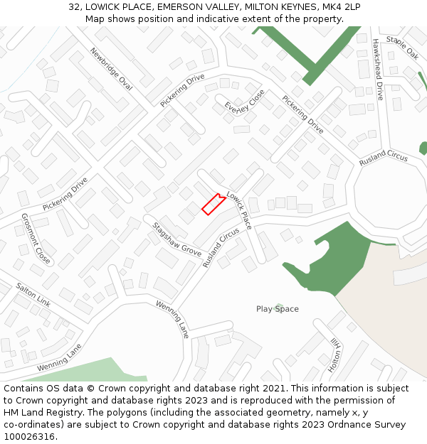 32, LOWICK PLACE, EMERSON VALLEY, MILTON KEYNES, MK4 2LP: Location map and indicative extent of plot