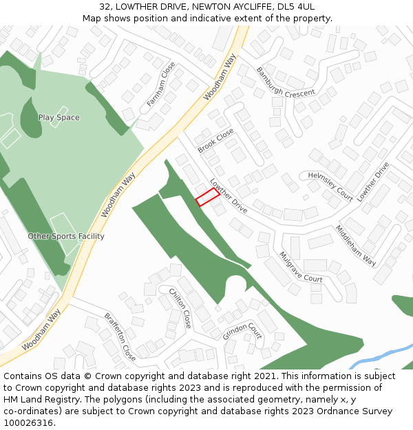 32, LOWTHER DRIVE, NEWTON AYCLIFFE, DL5 4UL: Location map and indicative extent of plot