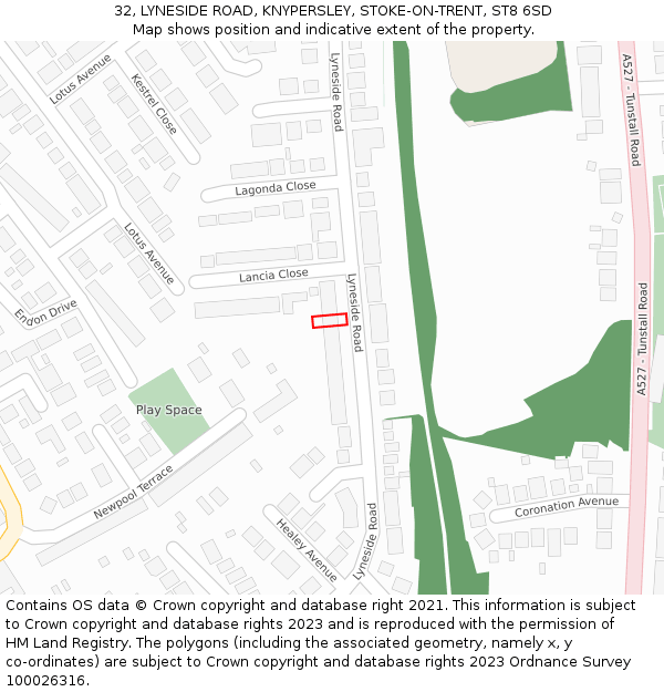 32, LYNESIDE ROAD, KNYPERSLEY, STOKE-ON-TRENT, ST8 6SD: Location map and indicative extent of plot