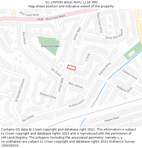 32, LYNTON WALK, RHYL, LL18 3RN: Location map and indicative extent of plot