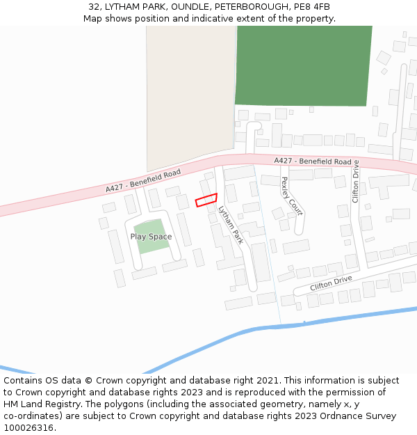 32, LYTHAM PARK, OUNDLE, PETERBOROUGH, PE8 4FB: Location map and indicative extent of plot