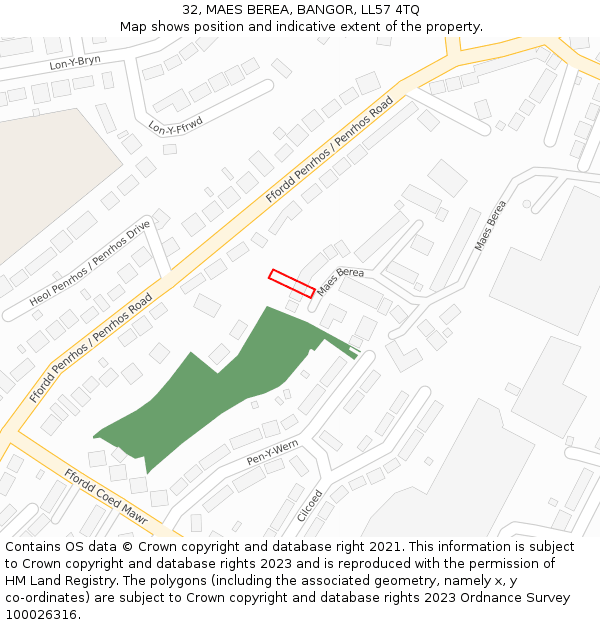 32, MAES BEREA, BANGOR, LL57 4TQ: Location map and indicative extent of plot