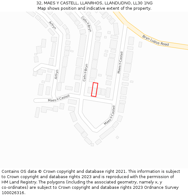 32, MAES Y CASTELL, LLANRHOS, LLANDUDNO, LL30 1NG: Location map and indicative extent of plot