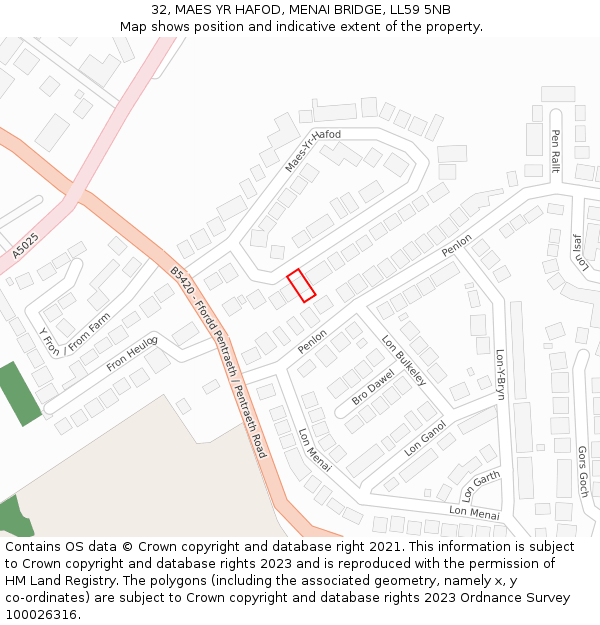 32, MAES YR HAFOD, MENAI BRIDGE, LL59 5NB: Location map and indicative extent of plot