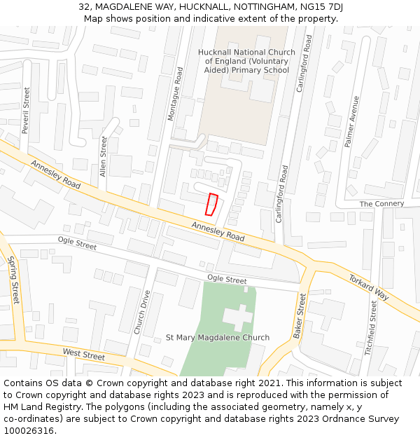 32, MAGDALENE WAY, HUCKNALL, NOTTINGHAM, NG15 7DJ: Location map and indicative extent of plot