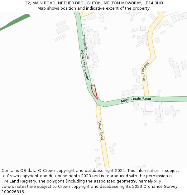 32, MAIN ROAD, NETHER BROUGHTON, MELTON MOWBRAY, LE14 3HB: Location map and indicative extent of plot