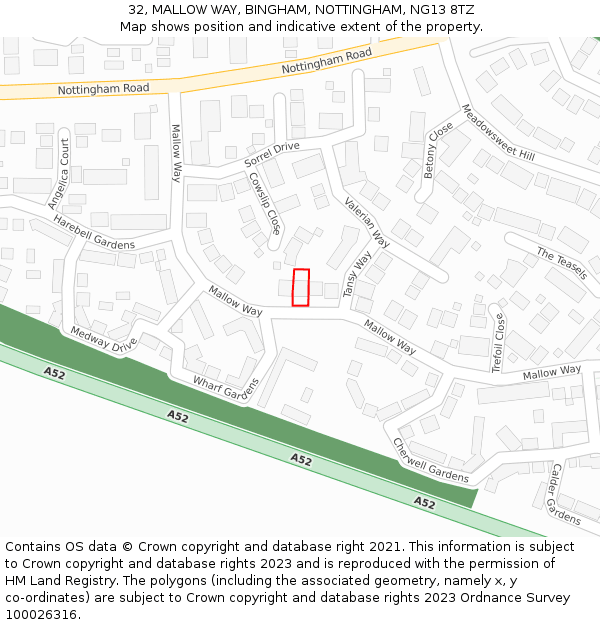 32, MALLOW WAY, BINGHAM, NOTTINGHAM, NG13 8TZ: Location map and indicative extent of plot