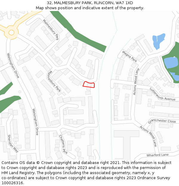 32, MALMESBURY PARK, RUNCORN, WA7 1XD: Location map and indicative extent of plot