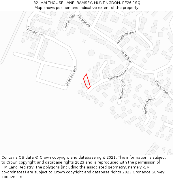 32, MALTHOUSE LANE, RAMSEY, HUNTINGDON, PE26 1SQ: Location map and indicative extent of plot