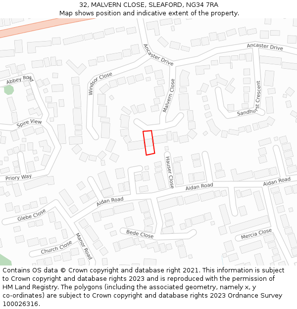 32, MALVERN CLOSE, SLEAFORD, NG34 7RA: Location map and indicative extent of plot