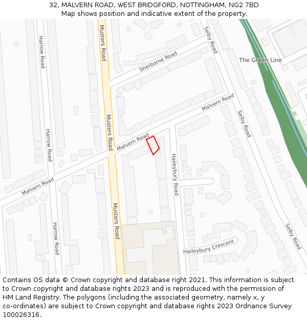 32, MALVERN ROAD, WEST BRIDGFORD, NOTTINGHAM, NG2 7BD: Location map and indicative extent of plot