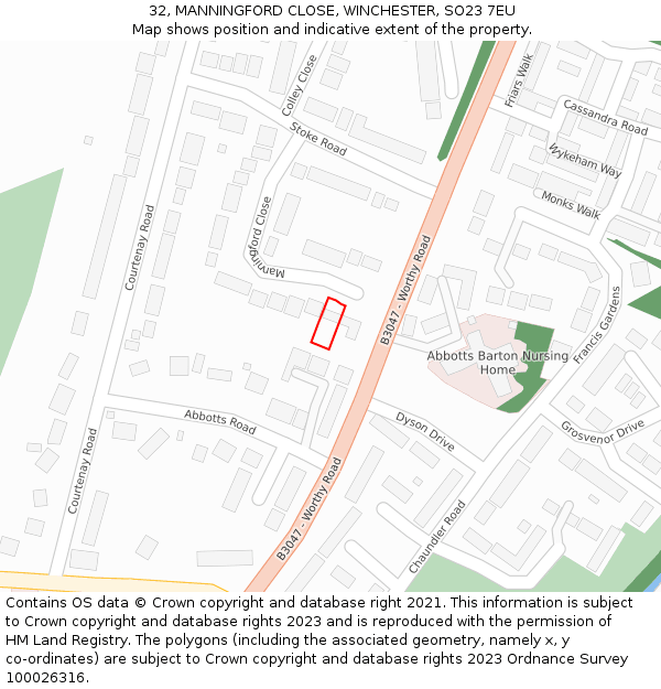 32, MANNINGFORD CLOSE, WINCHESTER, SO23 7EU: Location map and indicative extent of plot