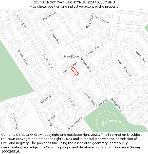 32, MANNOCK WAY, LEIGHTON BUZZARD, LU7 4HU: Location map and indicative extent of plot